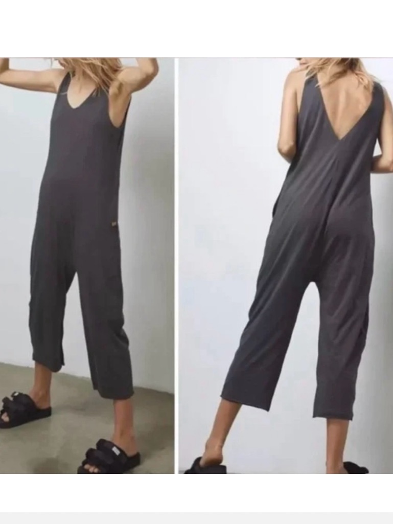 Lunya Women's Grey Cotton Oversized Cropped Wide Leg Jumpsuit